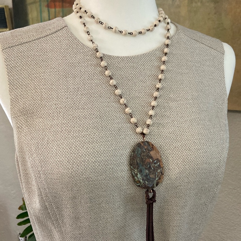 White Buffalo Turquoise Necklace with Unique Stone Pendant. Simulated Stones